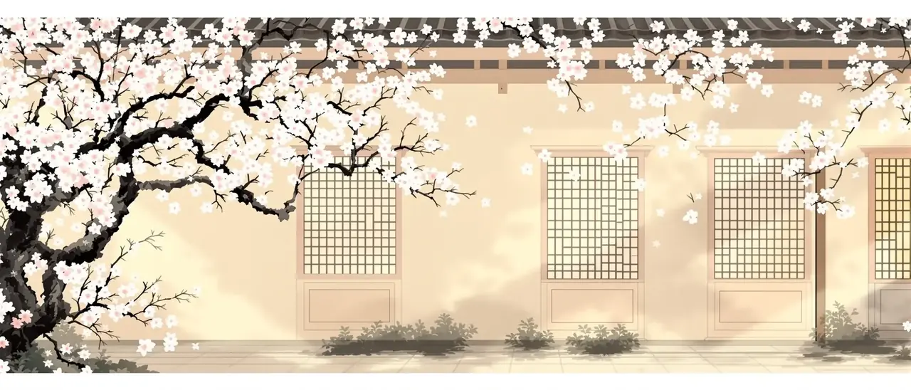 庭院深深花事浓 日韩电影 花幕 庭院深深花事浓 海棠庭院场景插画