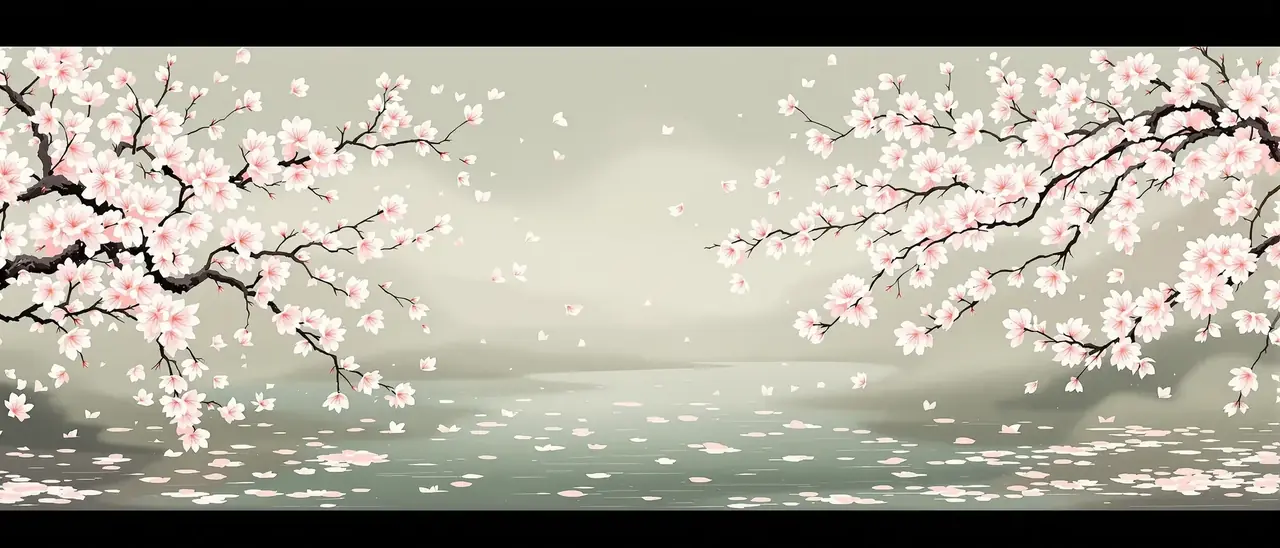 花信风来 日韩电影 花幕 花信风来 花枝与池塘场景插画