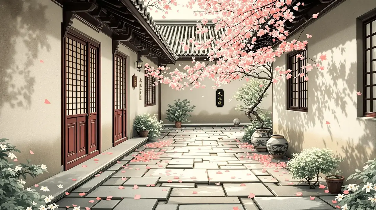 日韩电影 - 落英庭院 日韩电影 落英庭院主题插画背景
