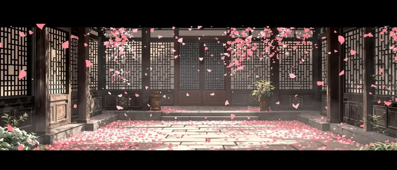 落英时节又逢君 日韩电影 花幕 落英时节又逢君 庭院花雨场景插画