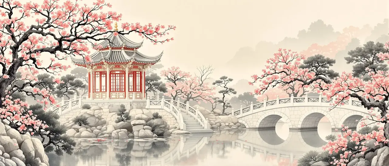 牡丹亭外 日韩电影 花幕 牡丹亭外 亭台石桥场景插画